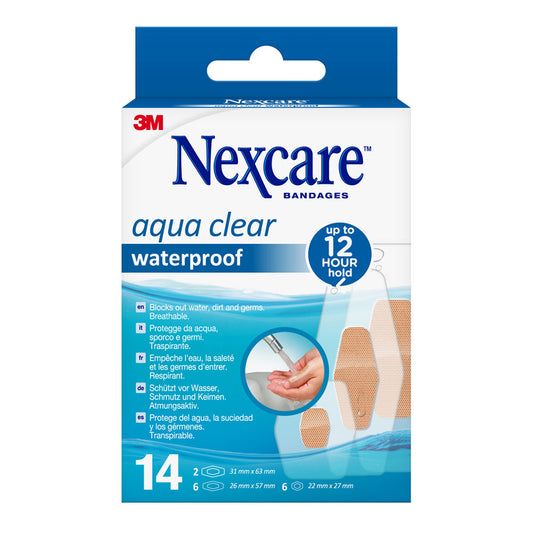 Nexcare Aqua Clear waterproof 360° pleisters in a box of 14, transparent adhesive bandages for wound protection