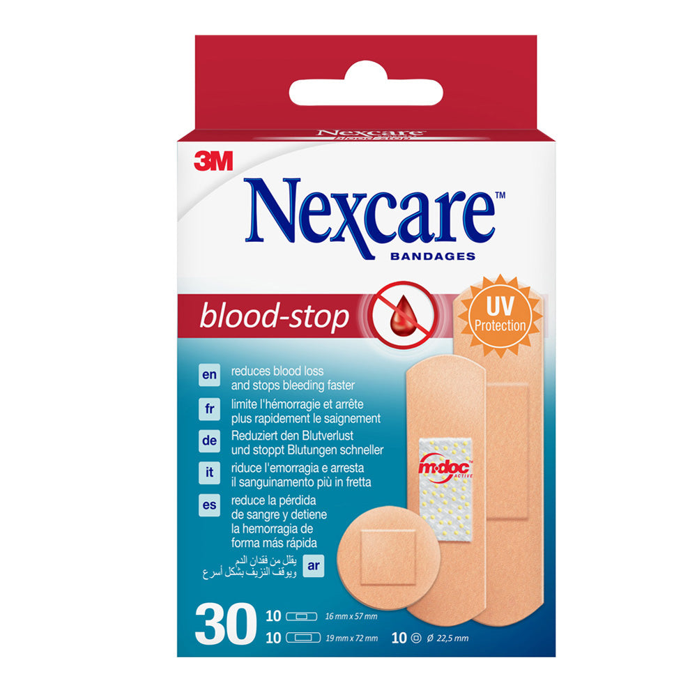 Nexcare blood stop pleisters in assorted sizes, 30 pieces, with adhesive strips for wound care and bleeding control.