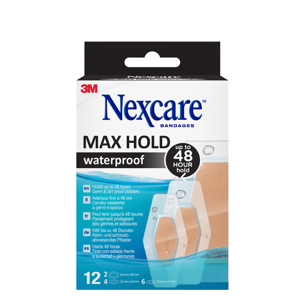 Box of Nexcare MaxHold pleisters in three sizes, showing assorted bandages and tape for wound care.