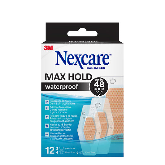 Box of Nexcare MaxHold pleisters in three sizes, showing assorted bandages and tape for wound care.