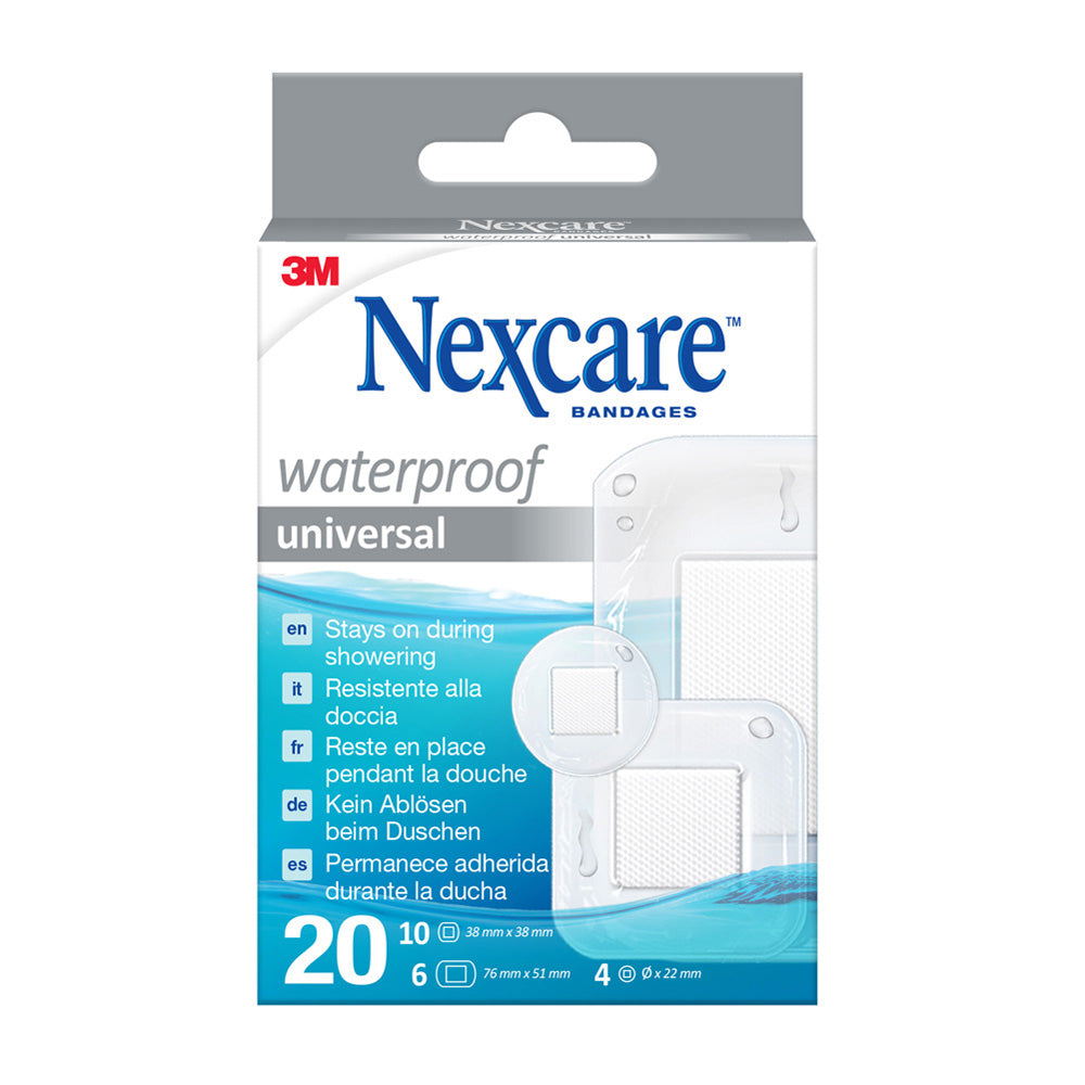 Nexcare waterproof universal plasters pack of 20, flexible adhesive bandages suitable for various minor wounds.