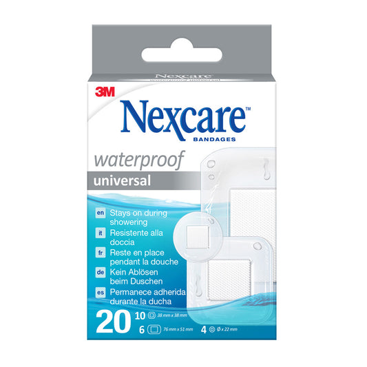Nexcare waterproof universal plasters pack of 20, flexible adhesive bandages suitable for various minor wounds.