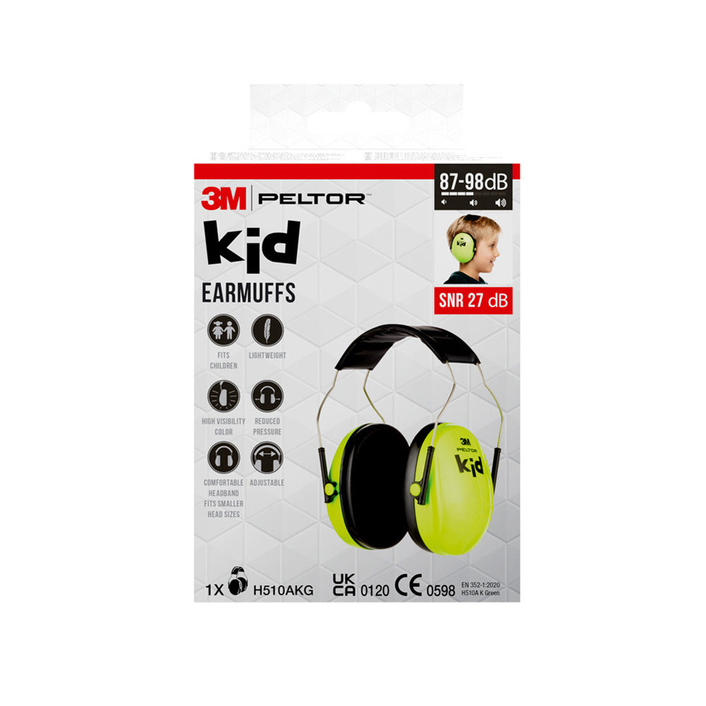 Bright neon green 3M children's ear protection headset with soft ear cushions for noise reduction.