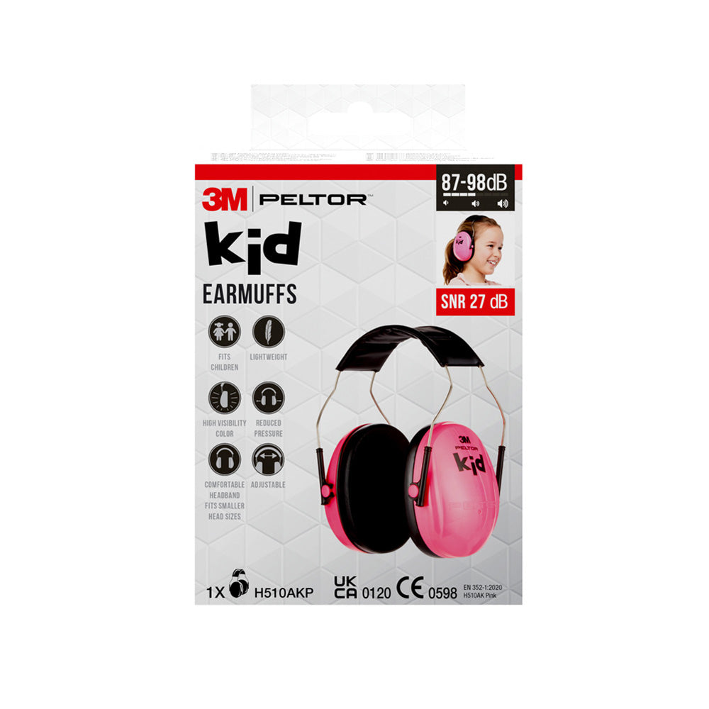 Pink 3M children's ear protection ear muffs, neon pink hearing protection for kids, shown in the image.