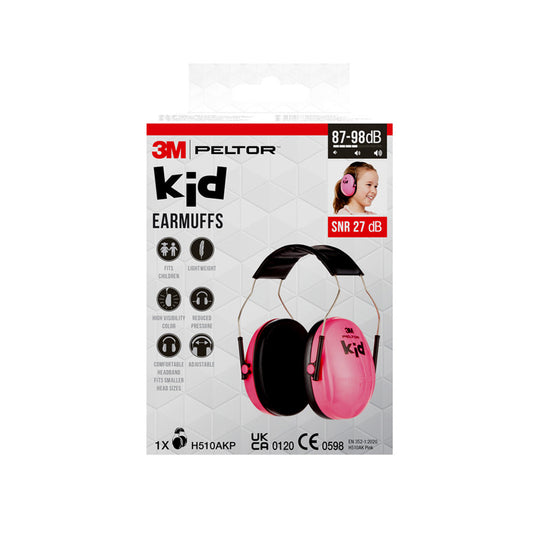 Pink 3M children's ear protection ear muffs, neon pink hearing protection for kids, shown in the image.