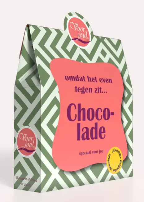 Assorted Voor Jou! chocolates, 6-piece box with smooth milk and dark chocolate pieces, in elegant packaging.