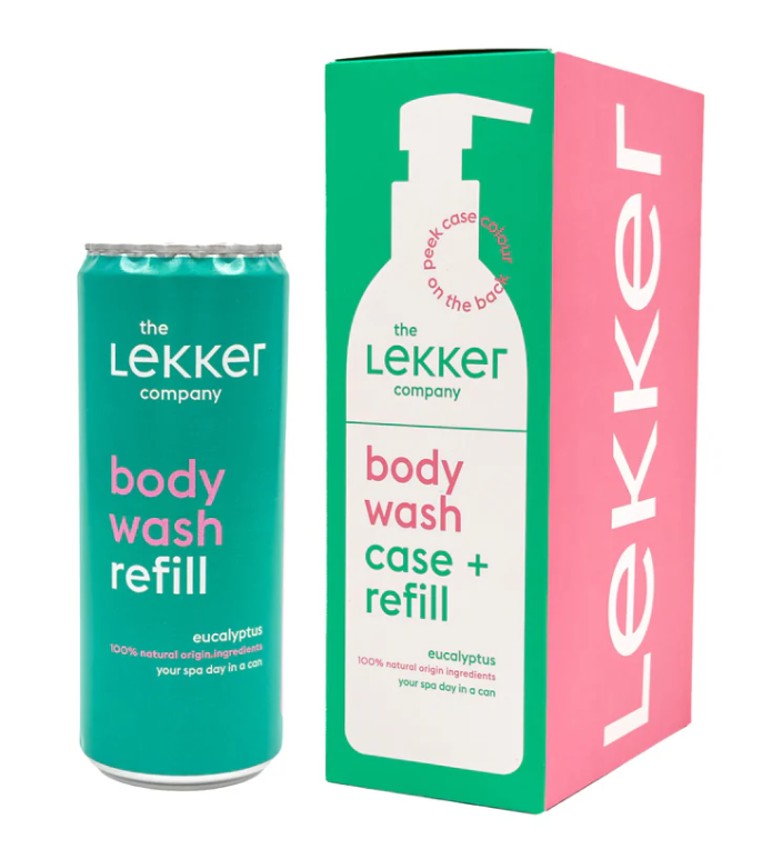 Lekker Company eucalyptus body wash case with refill, 330ml, for shower and bath, natural skincare product.