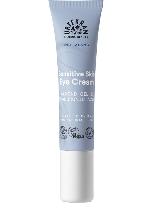 Urtekram fragrance-free eye cream for sensitive skin in a 15ml tube, designed for gentle eye area care.
