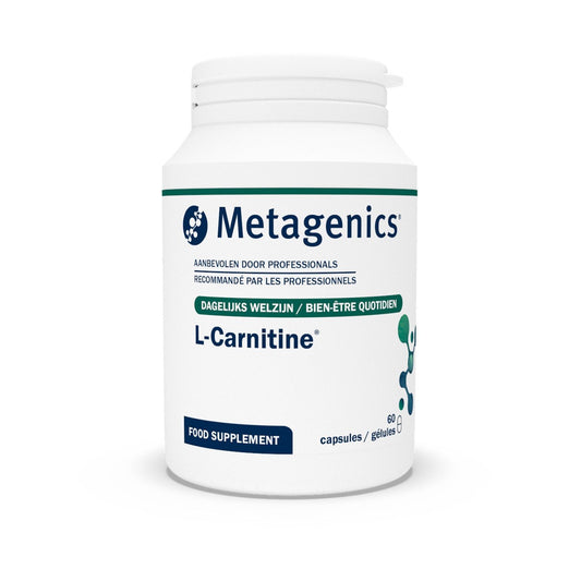 Metagenics L-Carnitine amino acid capsules, 60-count bottle, showing the supplement bottles and labeled capsules on a white background.