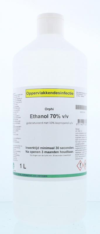 Orphi brand 1-liter bottle of 70% ethanol disinfectant alcohol, gedenatureerd with 10% additives, for sanitizing surfaces and hands.