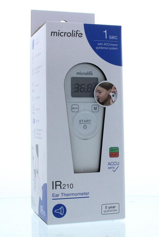 Microlife IR210 infrared thermometer showing digital display, used for accurate temperature readings.