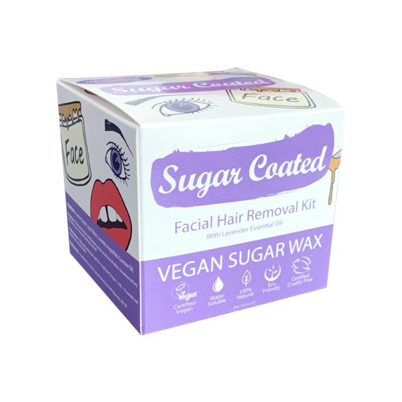 Sugar Coated facial hair removal kit with 200g of sugar wax, shown in a container with a wooden spatula for easy application.