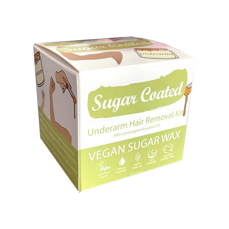 Sugar Coated underarm hair removal kit, 200g, with natural sugar wax and applicators for gentle hair removal.