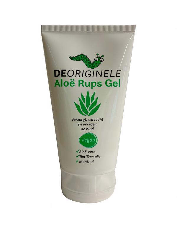 De Originele Aloe Rups Gel in 150ml, natuurlijke lichaamsverzorging with fresh aloe vera gel visible in a clear container.