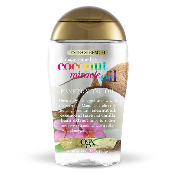 OGX Extra Strength Coconut Miracle Oil bottle for hair care, 100ml, with coconut ingredients and sleek packaging.