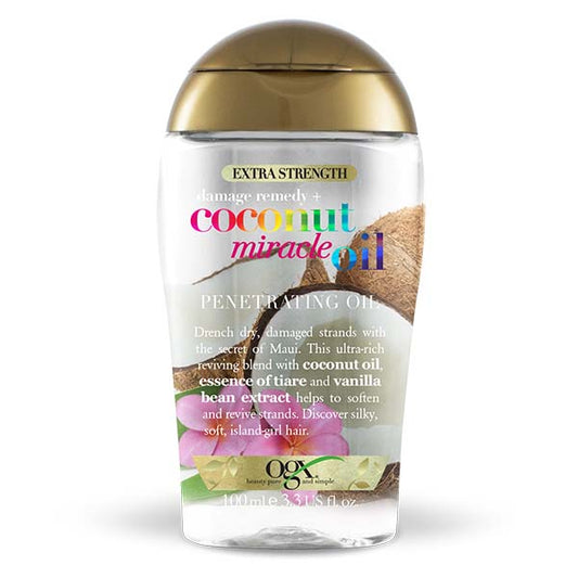 OGX Extra Strength Coconut Miracle Oil bottle for hair care, 100ml, with coconut ingredients and sleek packaging.