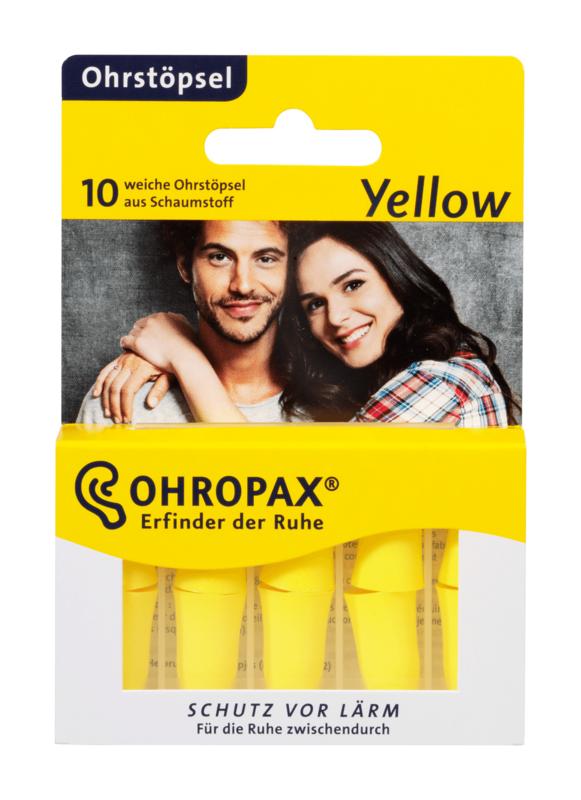 Pair of Ohropax Yellow ear protection earplugs, 10-piece set for noise reduction and hearing safety.