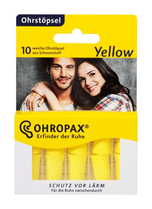 Pair of Ohropax Yellow ear protection earplugs, 10-piece set for noise reduction and hearing safety.