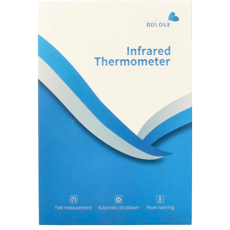 Bblove infrared thermometer displaying digital screen and temperature readings in a close-up view.