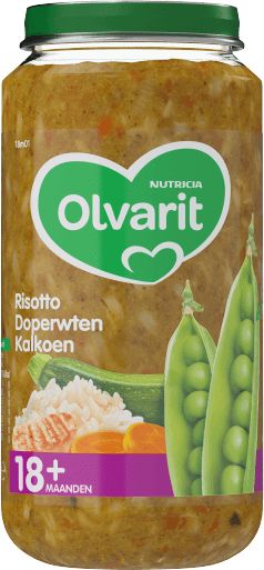 Olvarit baby risotto with peas and turkey in a 250g package, suitable for babies and toddlers, shown in the image.