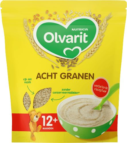 Olvarit Ontbijtpap 8 granen for babies 12+ months, 200g jar, nutritious baby and toddler cereal food.