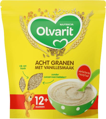 Olvarit Ontbijtpap 8 granen vanille voor baby's en peuters, 200g verpakking, geschikt voor 12 maanden en ouder