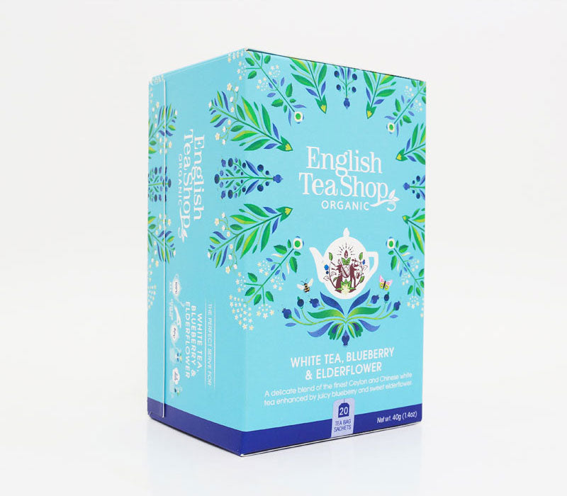 English Tea Shop White tea with blueberry and elderflower in a box, organic loose leaf tea for brewing.