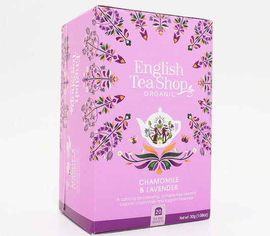 English Tea Shop chamomile and lavender organic tea bags in a box, showcasing the herbal tea blend and packaging.