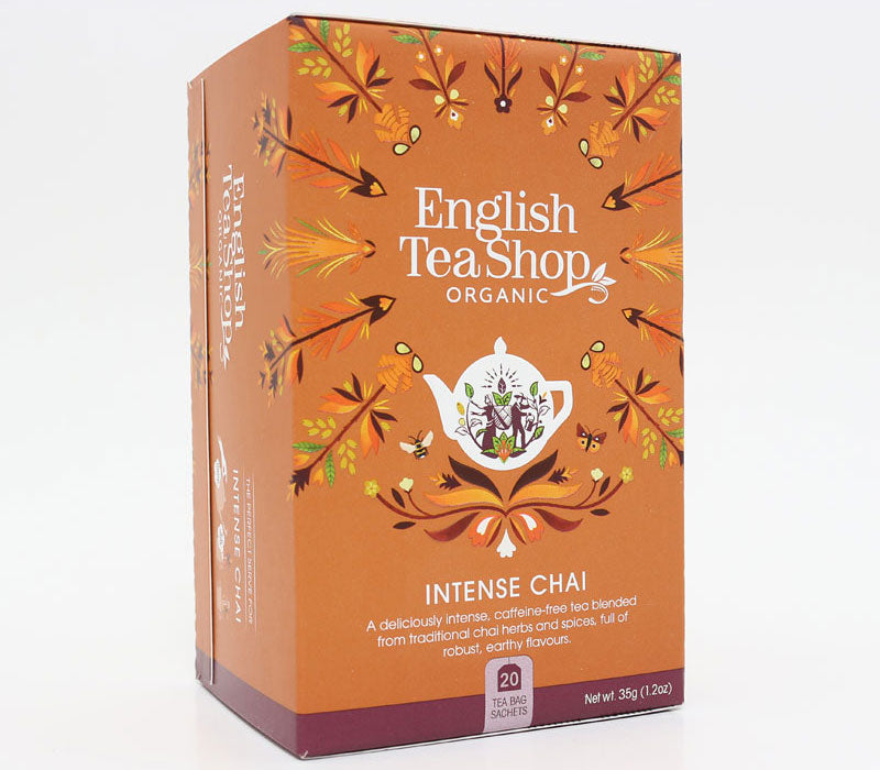 English Tea Shop Intense Chai organic tea bags, 20 count, in a colorful box with chai spices and tea leaves visible.