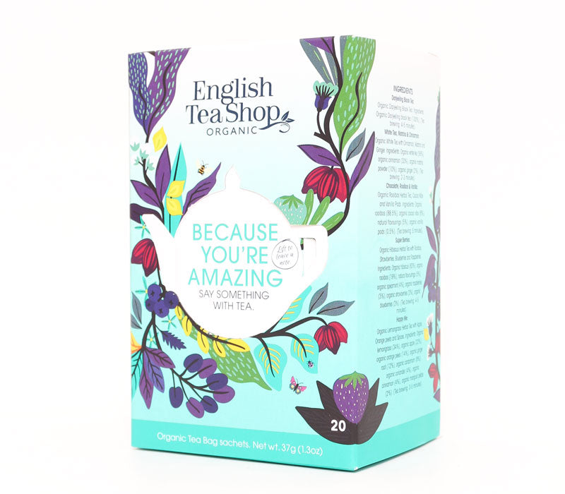 English Tea Shop organic "Because You're Amazing" tea bags, 20-count box, featuring natural tea leaves in a colorful packaging.
