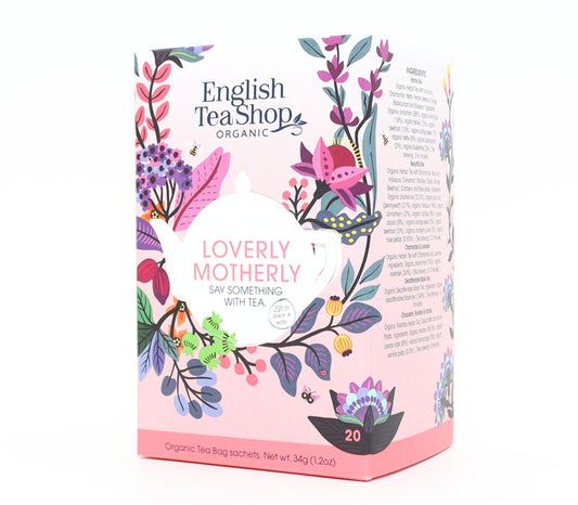 English Tea Shop Loverly Motherly organic tea in a box with 20 tea bags, featuring a cozy, inviting packaging design.
