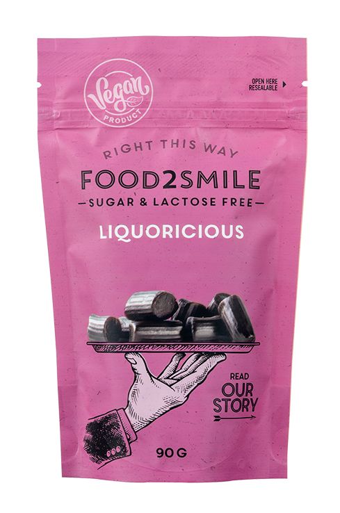 Food2Smile Liquoricious sugar-free lactose-free candy, 90g, with colorful, glossy sweets in a clear package.