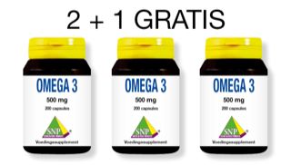 SNP Omega 3 500mg Vetzuren capsules, two bottles plus one free, showing the supplement bottles with blue labels and capsules inside.