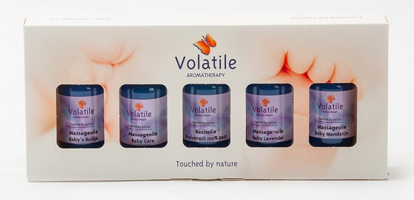 Volatile Cadeauverpakking baby set with 5 x 30ml baby care products, ideal for newborn and toddler skin care.