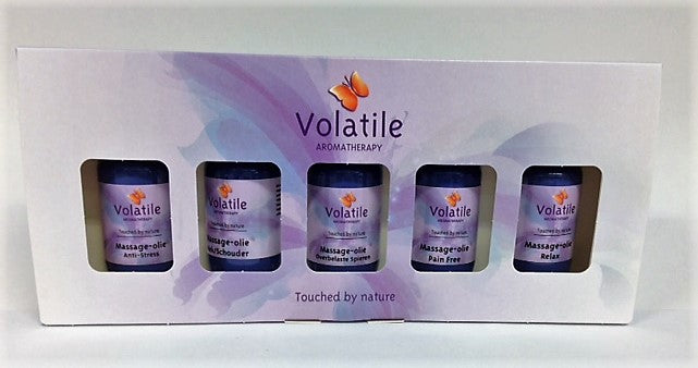 Volatile Cadeauverpakking sports massage oils set with five 30ml bottles for body care and relaxation.