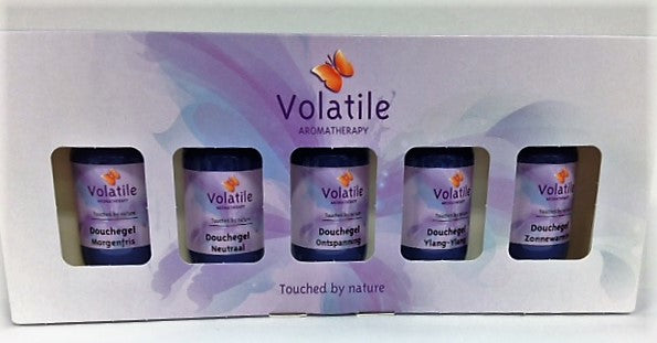 Volatile Cadeauverpakking bad en douchegel set with five 30ml bottles, ideal for gift or personal use.