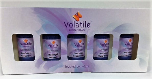 Volatile Cadeauverpakking bad en douchegel set with five 30ml bottles, ideal for gift or personal use.