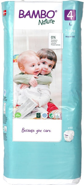 Bambo Babyluier diaper pack with 48 diapers for 4-14kg, featuring soft, absorbent Bambo brand diapers in a colorful box
