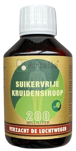 Artelle kruidensiroop suikervrij in 200ml bottle, featuring herbal extracts and natural ingredients for flavorful use