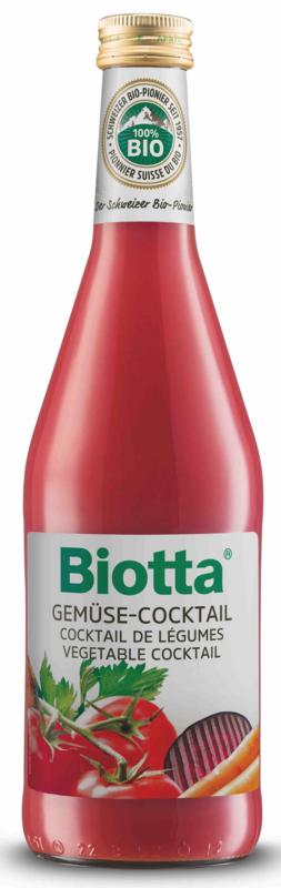 Biotta organic vegetable cocktail bottle, 500ml, showing the colorful juice mixture in a clear glass bottle.