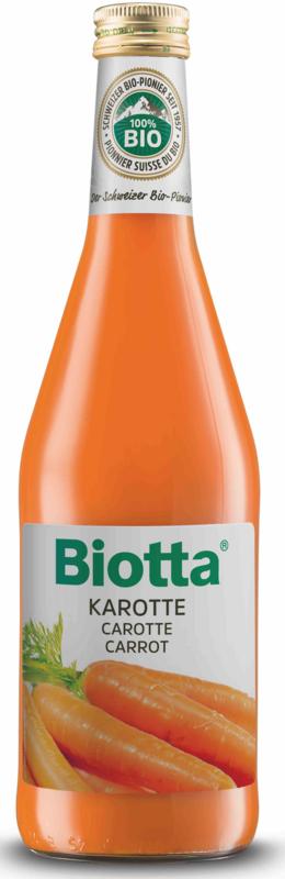 Biotta organic carrot juice in 500ml bottle, fresh and vibrant, for healthy drinking.