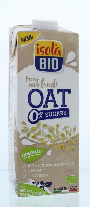 Isola Bio Oat no sugar plant-based drink in 1-liter carton, featuring a smooth, creamy oat beverage with no added sugar.