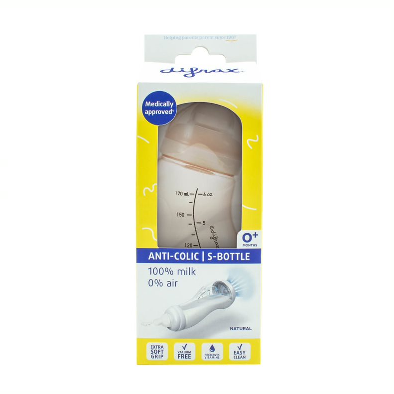Difrax S-Fles natural roze baby bottle with 170ml capacity, featuring a nipple, designed for feeding infants.
