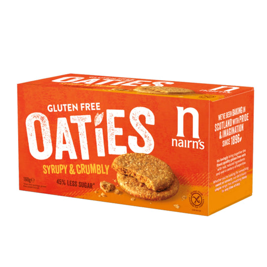 Nairns Oaties koeken in a 160g package, golden-brown oat biscuits with a crunchy texture, shown in the image.