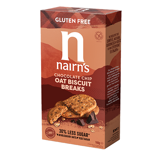 Nairns Biscuit Breaks oat and chocolate chip Koeken in a 160g package, showing the crispy biscuits with chocolate chunks.