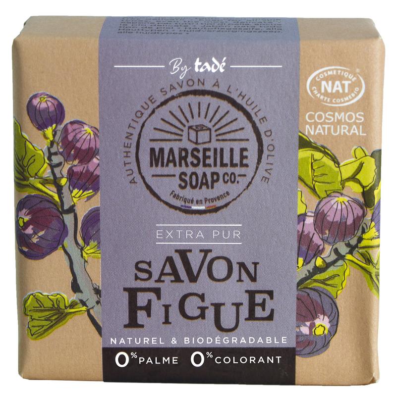 Marseille Soap Vijgzeep cosmos natural 100g bar, showcasing the textured soap with a floral and fruity scent, made by Marseille Soap.