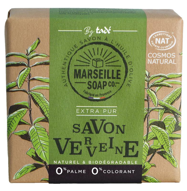 Natural Marseille soap with verbenazeep from Cosmos Nat, 100 grams, showcasing a bar with herbal infusion and traditional craftsmanship.