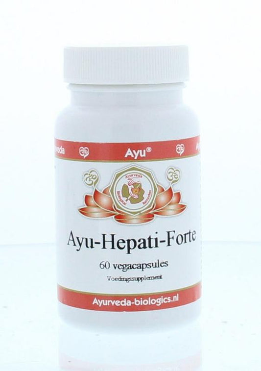 Ayurveda BR Hepati Forte herbal supplement bottles with tablets, natural ingredients for liver support, in a white container.