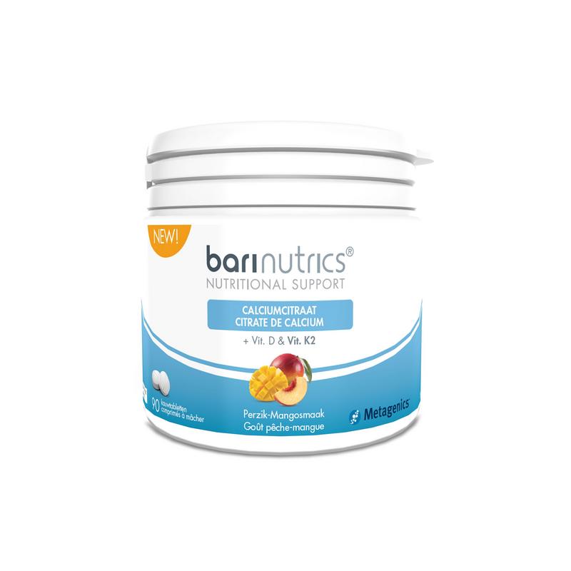 Barinutrics Calciumcitraat perzik-mango kauwtabletten, mineralen supplement in peach-mango flavor, 90 chewable tablets.