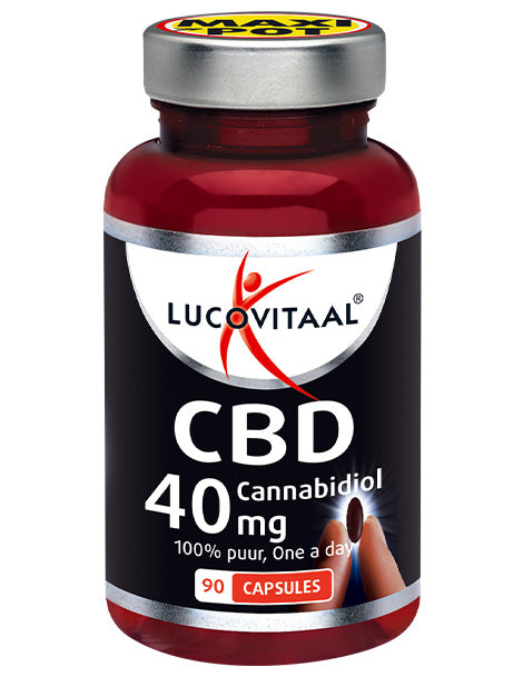 Lucovitaal CBD cannabidiol 40mg capsules, herbal supplement in a bottle, showing the product packaging and capsules.